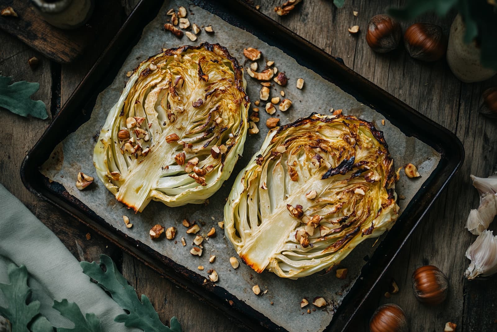 Zwei geröstete Kohl-Steaks mit dunklen Blatträndern und gehackten Haselnüssen auf einem Backblech