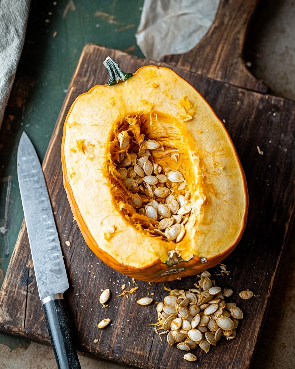 A Hokkaido pumpkin cut in half on a wooden board, the seeds scooped out beside it, a large knife at the edge