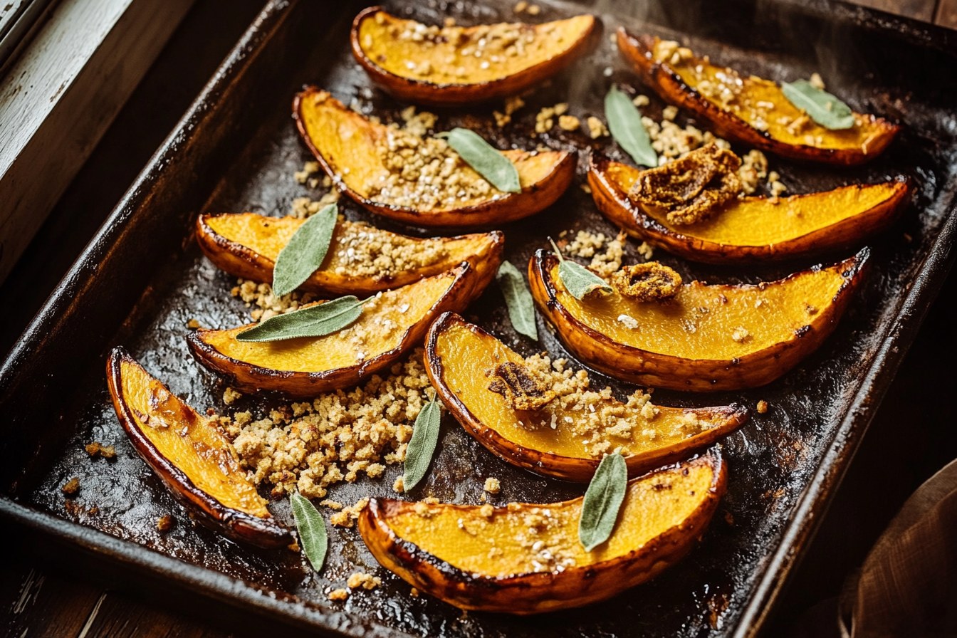 Roasted pumpkin wedges with dark caramelised edges on an old baking tray, rye crumbs and sage leaves between them