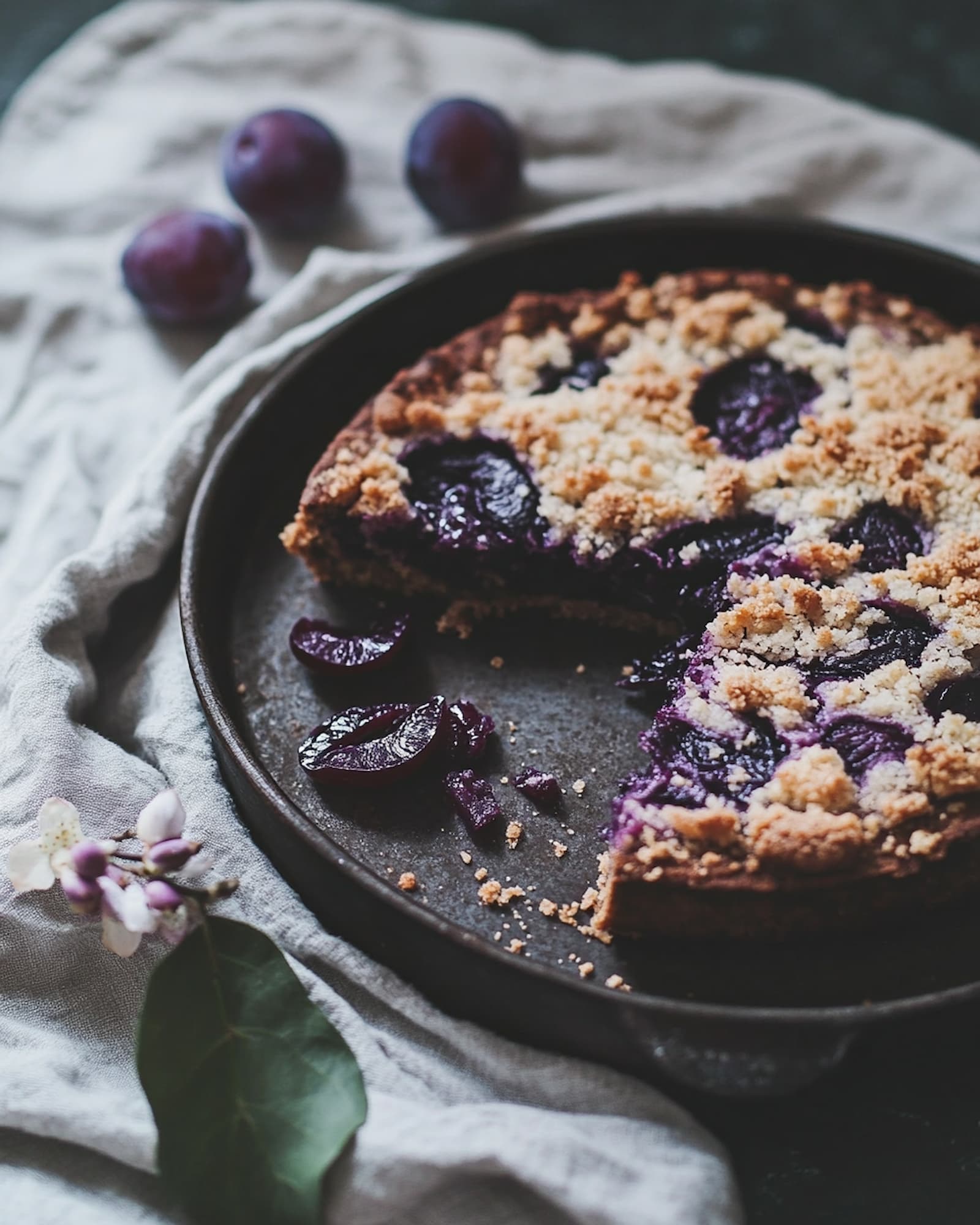 Pflaumenkuchen in einer dunklen Form, ein Stück herausgenommen, daneben frische Pflaumen