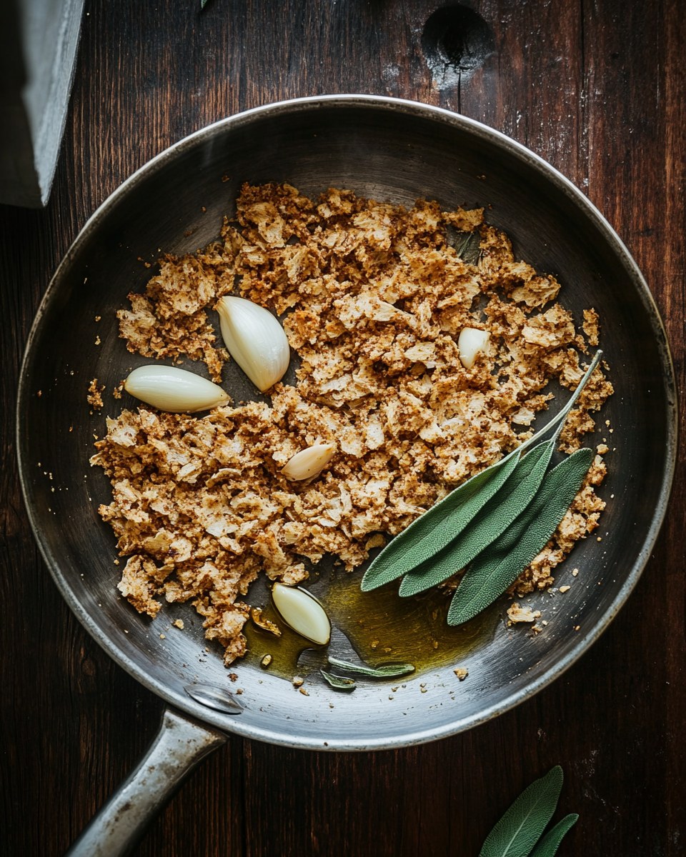 Toasted rye crumbs in a steel pan with garlic cloves and fresh sage leaves