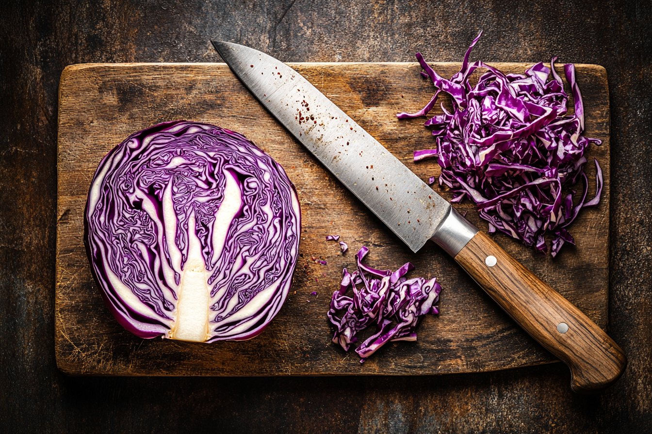 A halved red cabbage on a wooden board, the cut face purple with white veins, a large knife and finely cut strips beside it
