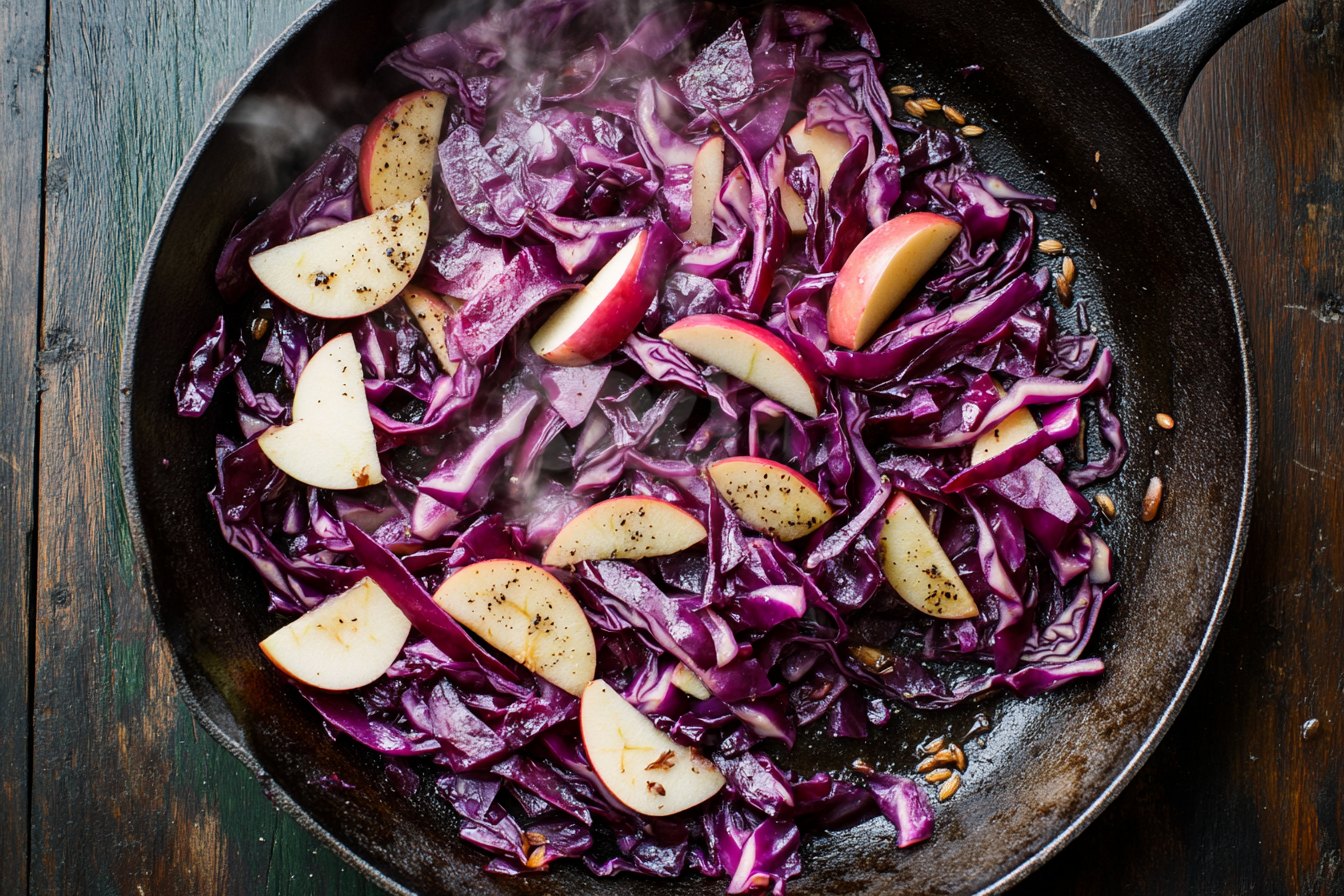 Fein geschnittener Rotkohl mit Apfelscheiben und Kümmel in einer schwarzen Eisenpfanne, von oben