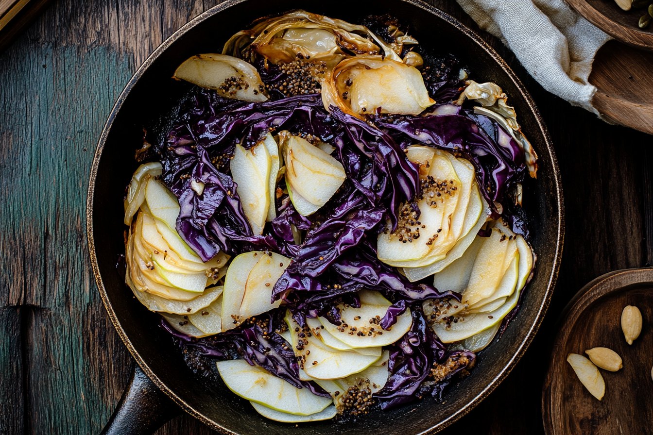 Fein geschnittener Rotkohl mit Apfelscheiben und Kümmel in einer schwarzen Eisenpfanne, von oben