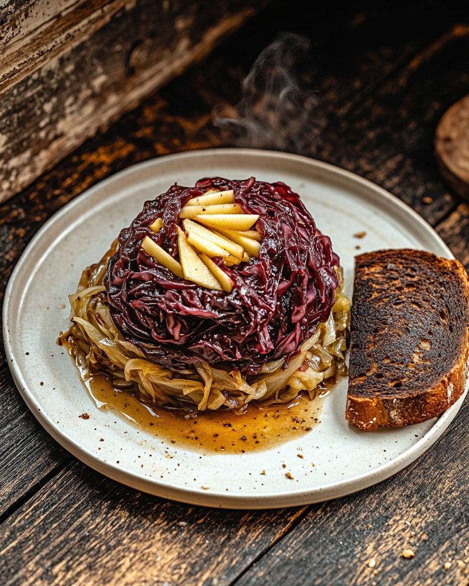 Gegarter Rotkohl mit Apfelstiften auf einem hellen Teller, daneben eine Scheibe dunkles Roggenbrot