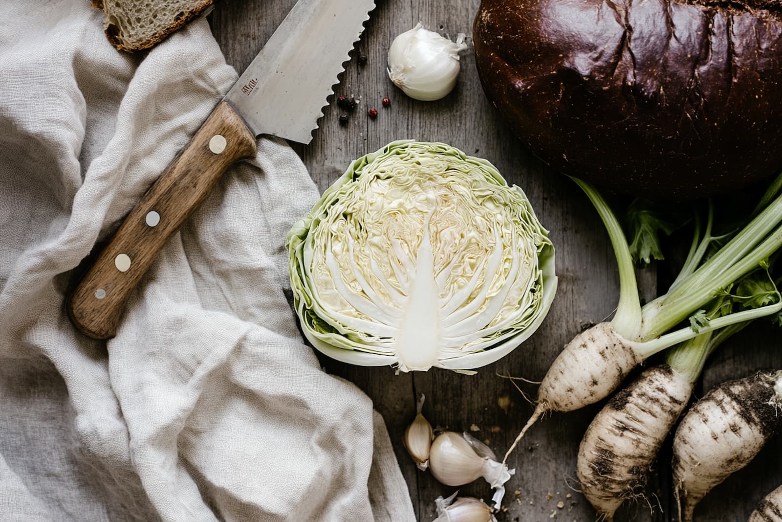 Küchentisch von oben mit halbiertem Weißkohl, erdigen Wurzelgemüsen, dunklem Roggenbrot, Knoblauch und einem Messer auf Leinentuch